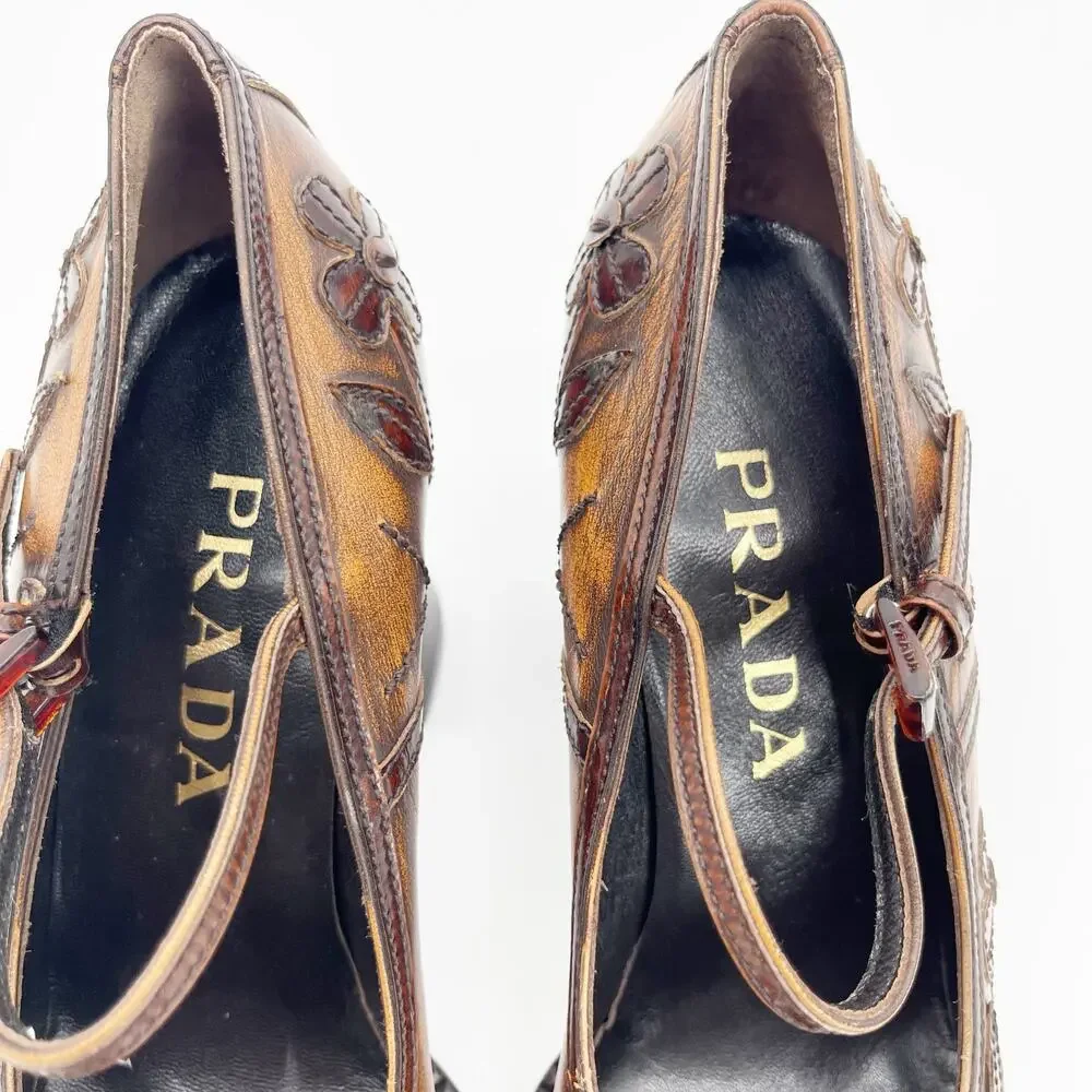 Prada Vintage 1996 Floral Appliqué Antiqued Leather Mary Jane Heels IT 38.5